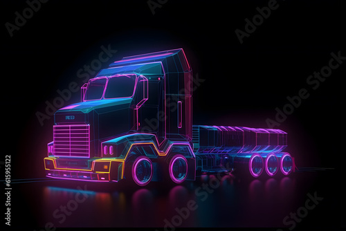 Bright glowing abstract neon sign of a truck. Generative AI