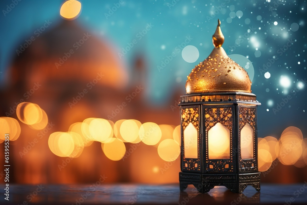 Original traditional ornate oriental lantern with beautiful bokeh of holiday lights and mosque in background | Generative AI