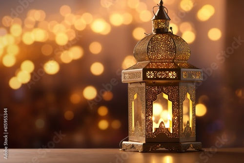 Original traditional ornate oriental lantern with beautiful bokeh of holiday lights and mosque in background | Generative AI