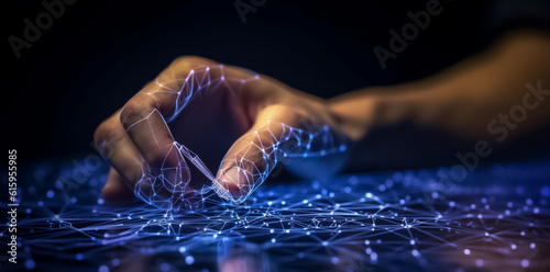the futuristic of Hand pushes, pulls, touches, and controls neon-lit virtual 3D network web in close-up. generative AI.