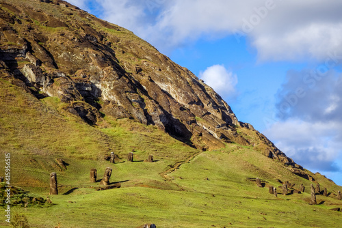Moais statues on Rano Raraku volcano, easter island, Chile photo