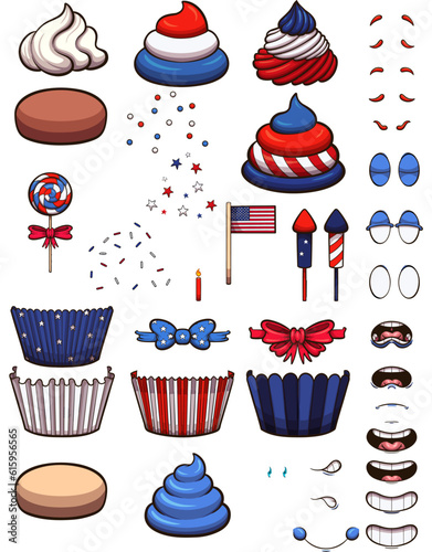 4th Of July Cupcake Character Build Set. Vector clip art illustration with simple gradients.