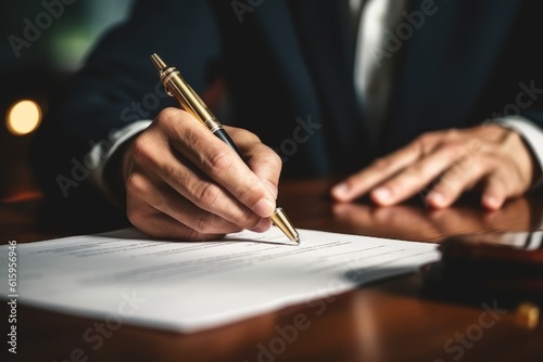 Closeup businessman hand signing significant contract document, with pen writing down signature on contract paper. Generative Ai