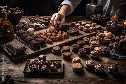 some chocolates on a wooden table with a person's hand reaching over the top to grab one out
