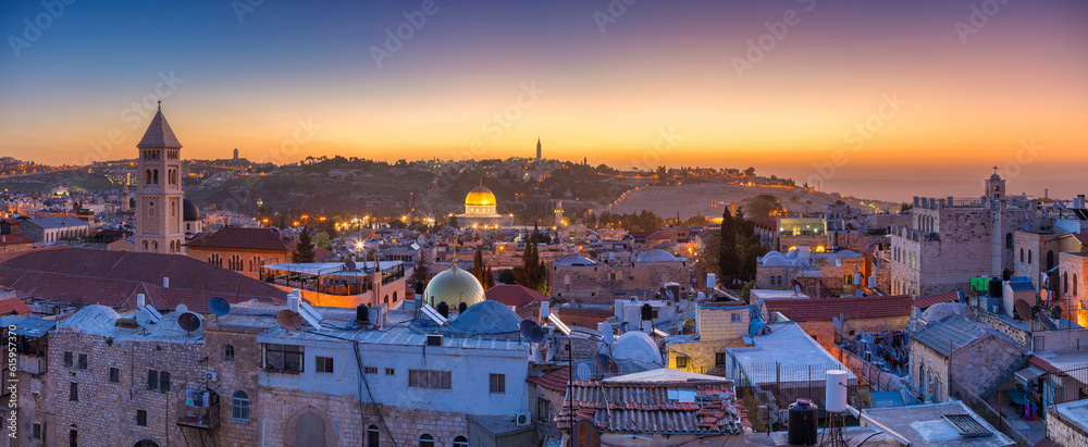 Panoramic cityscape image of old town of Jerusalem, Israel at sunrise.