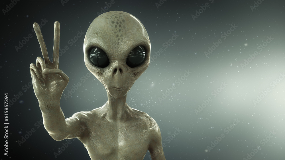 alien showing peace sign, 3d render alien showing peace sign, 3d render