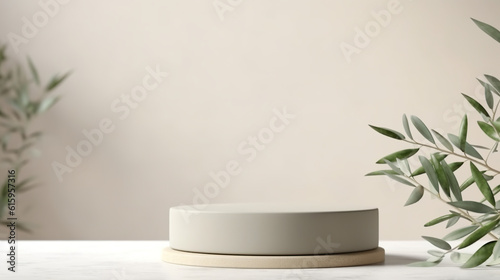 A white cake sitting on top of a table next to a plant. Generative AI. SImple ceramic podium  circular stage for product display.