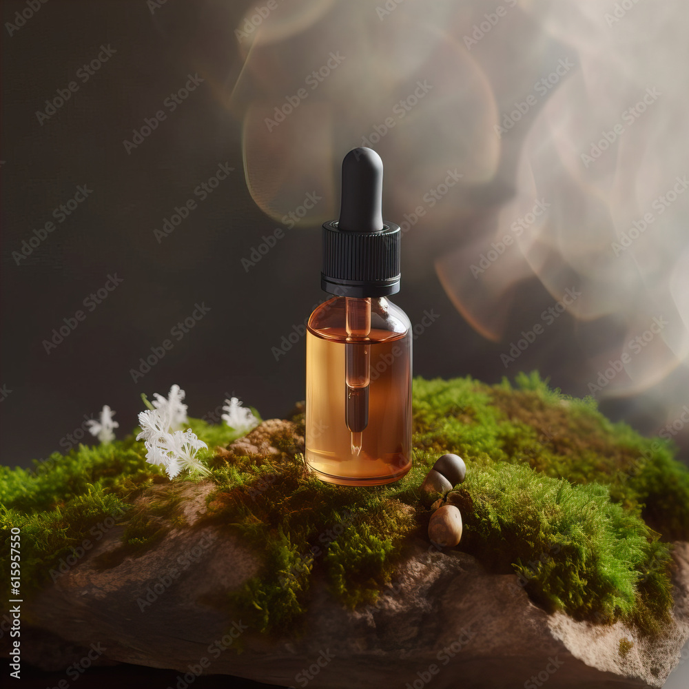 Fototapeta premium Dropper bottle styled mockup, cosmetic serum oil container template on botanical background with wood and plants, beauty product design-ready packaging