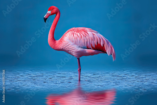 a pink flaming standing in the water with its reflection on it's surface and looking to the left side