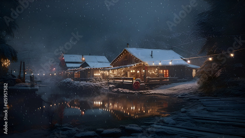 Rural homes decorated in Christmas lights on winter night © Eudaimonia_12