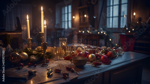 Christmas decorations and candles on a table © Eudaimonia_12