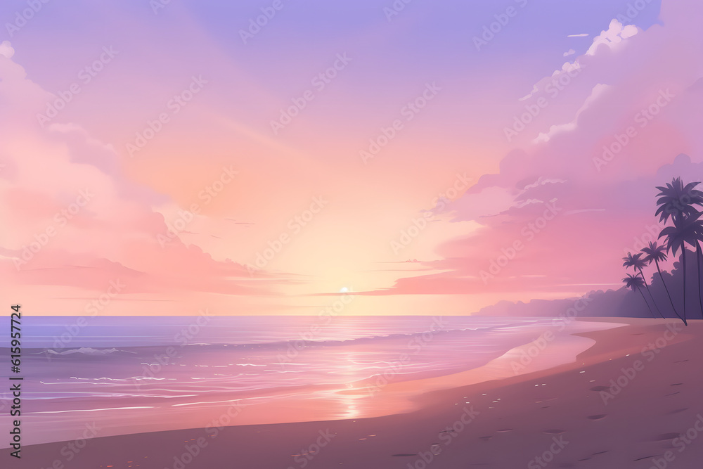 Fototapeta premium A serene dawn over a calm tropical beach with soft colors of violet and peach highlighting the sky