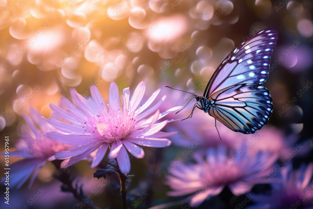 butterfly buzzing around purple blossom butterfly buzzing around purple blossom