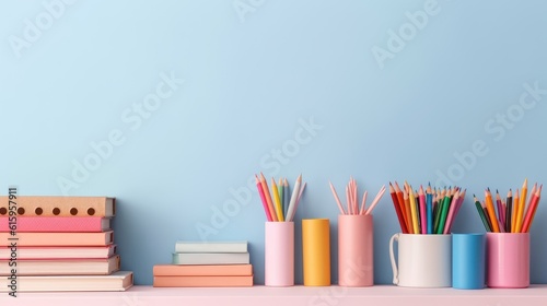 a desktop with various school stationery. The beginning of the school year. Back to school. the first of September. generative ai