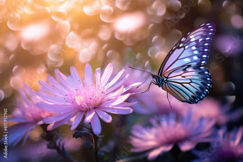 butterfly buzzing around purple blossom