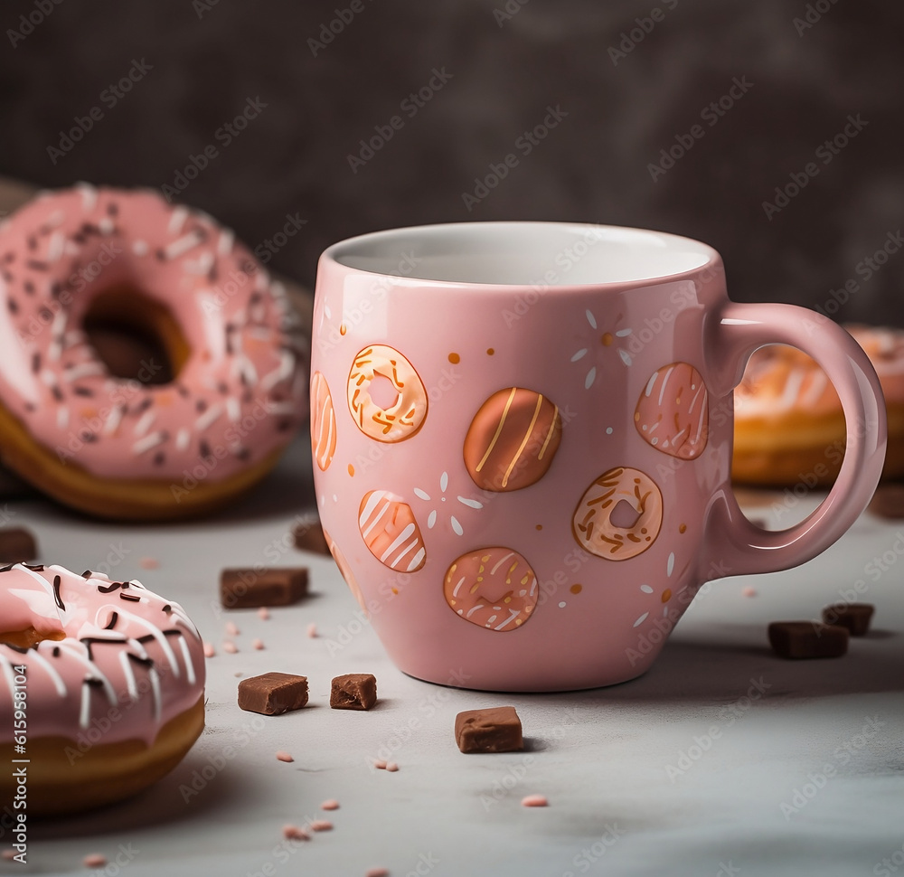Pink coffee mug with pink donuts and chocolate, on a table, with dark background. Generative AI.
