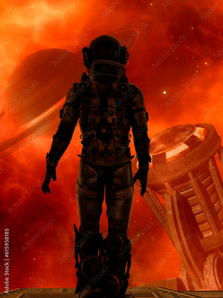 Space traveler looking a big planet in deep space - 3d rendering Space traveler looking a big planet in deep space - 3d rendering
