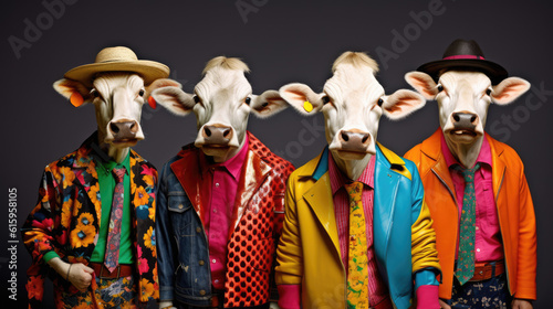 Cool cow's boy band with colorful suit created with Generative AI technology