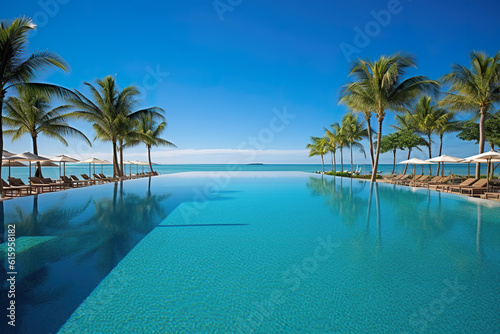 Enjoy the ocean view in a pool with clear clean water under palm trees on vacation, AI generative travel background