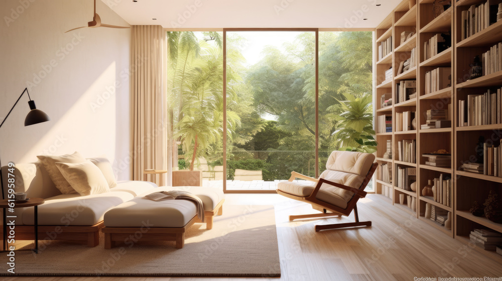 Fototapeta premium modern living room with bookshelves created with Generative AI technology