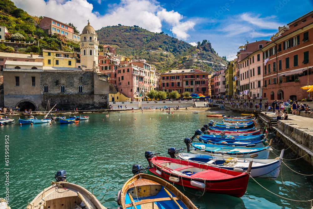 Vernazza Bay With Colorful Boats - Cinque Terre, La Spezia Province, Liguria Region, Italy, Europe