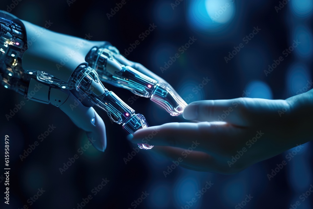 A human hand is reaching out to touch a robotic one.  Generative AI