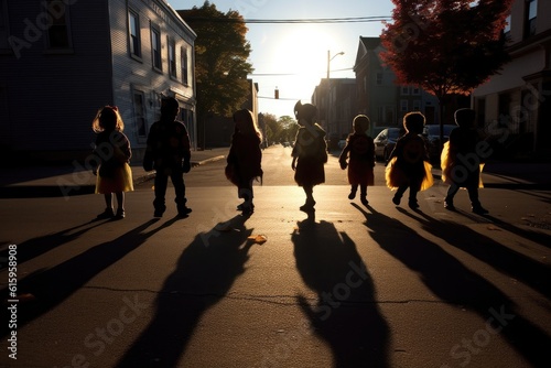 The silhouettes of children in various costumes parading on the street. Generative AI