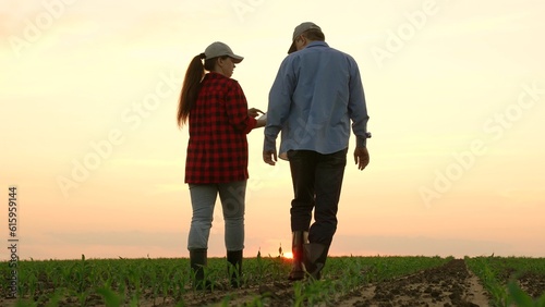 two farmers work field sunset, work tablet agriculture, hand sun farming farm employee, business partners deal, machinery road, insurance wealth digital horizon slow pc cereal view garden labor sky