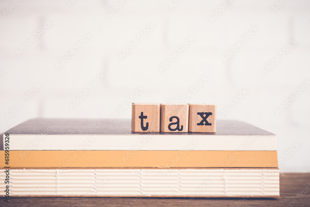 The word Tax, alphabet on wooden rubber stamps on top of books and table. Bricks background, blank copy space, vintage minimal style. Financial, accounting, income and business management concepts The word Tax, alphabet on wooden rubber stamps on top of books and table. Bricks background, blank copy space, vintage minimal style. Financial, accounting, income and business management concepts