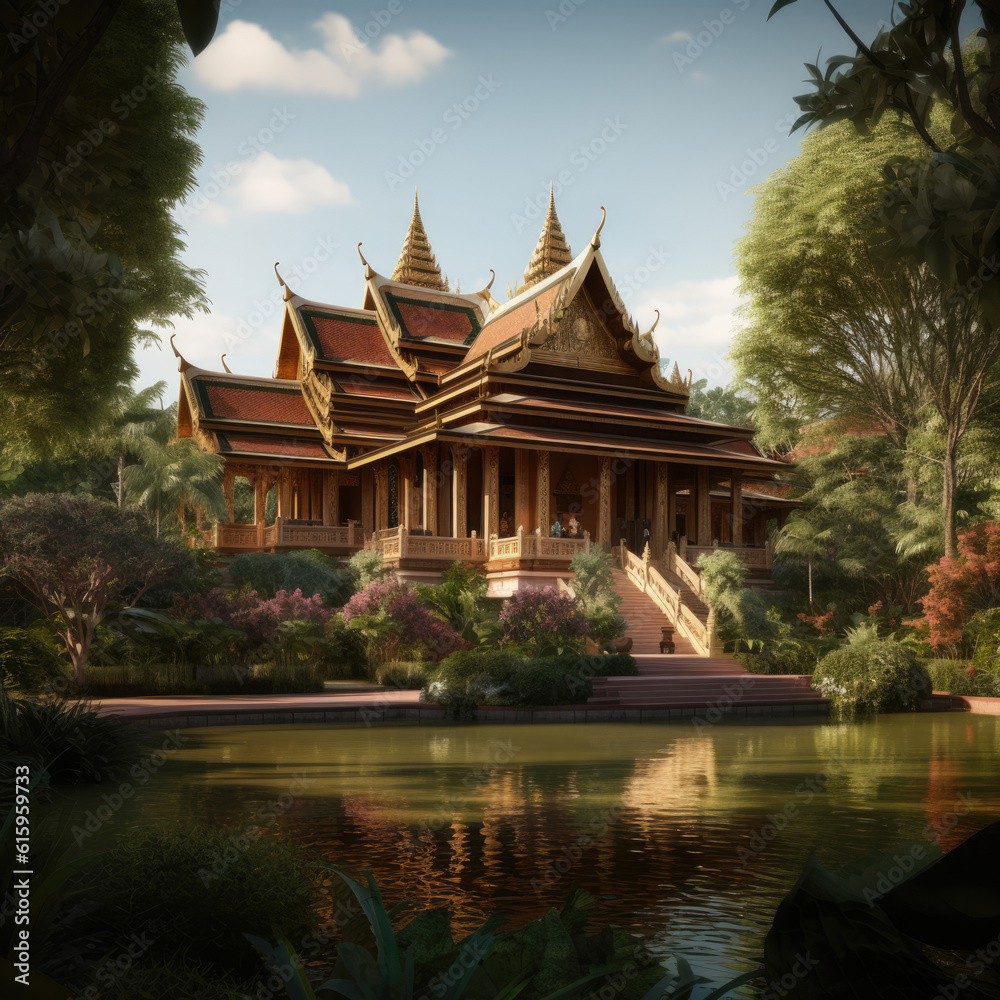 Naklejka premium An enchanting Thai modern architecture created with Generative AI technology