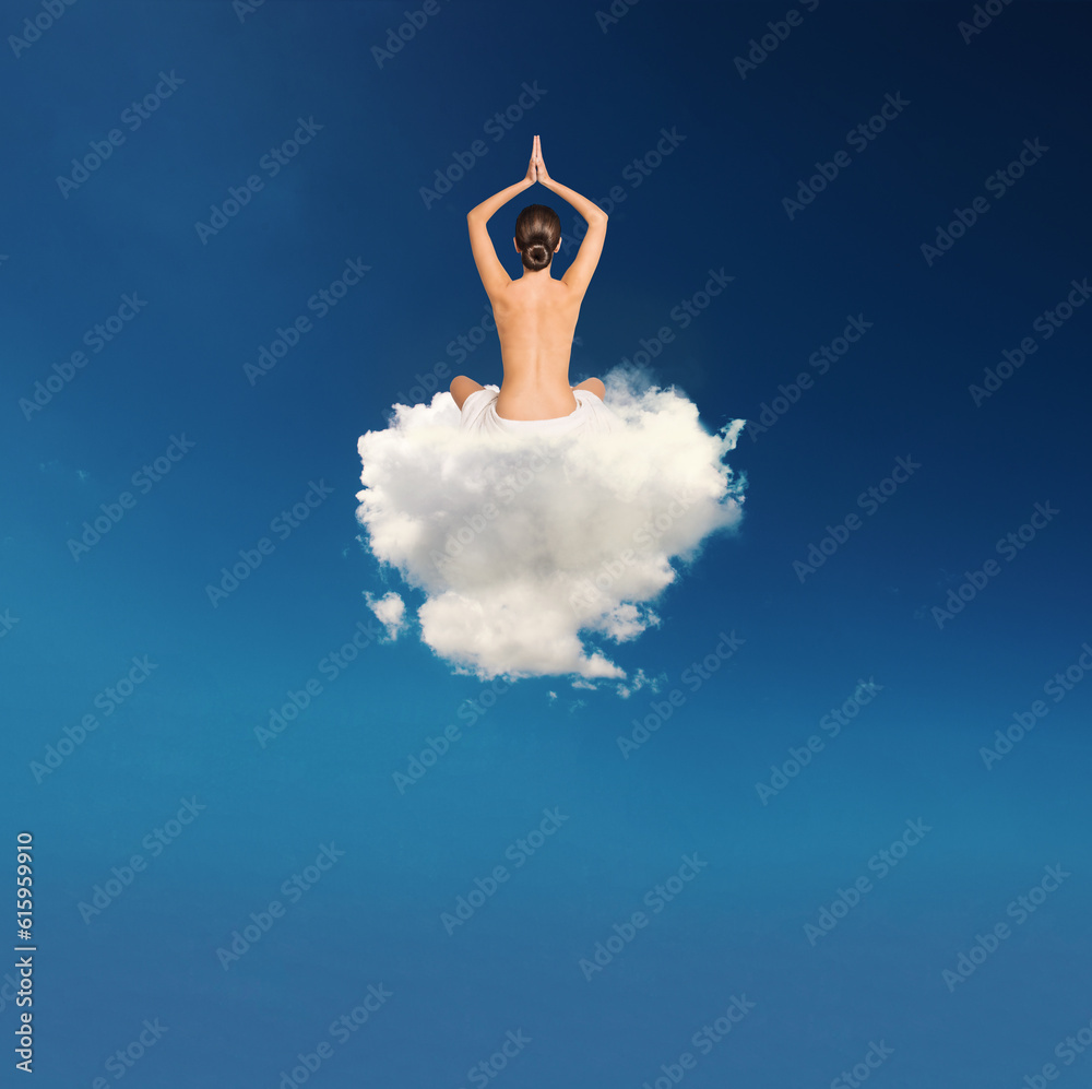 Young girl practices yoga over a soft cloud Young girl practices yoga over a soft cloud