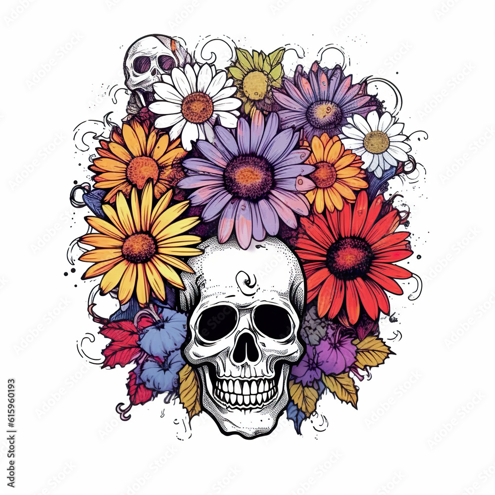 A skull surrounded by flowers on a white background. Generative AI. A skull surrounded by flowers on a white background. Generative AI.