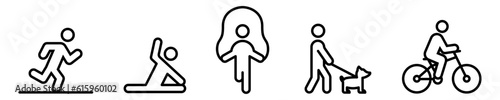 Conjunto de iconos de actividad física. Deporte, persona corriendo, estiramiento, saltar la cuerda, pasear mascota, ciclista. Ilustración vectorial