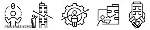 Conjunto de iconos de administración de empresas. Planificación, evaluación, liderazgo, trabajo en equipo, crecimiento, economía, marketing, gestión empresarial. Ilustración vectorial