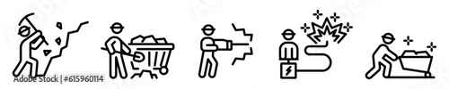 Conjunto de iconos de personas trabajando en minas. Minero. Explotación, extracción de minerales. Ilustración vectorial