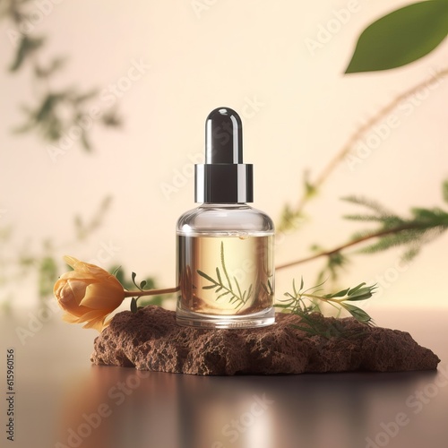 Dropper bottle styled mockup, cosmetic serum oil container template on botanical background with wood and plants, beauty product design-ready packaging