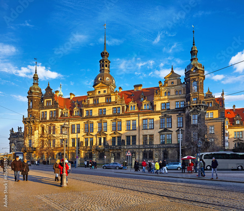 Dresden, Germany Royal Castle residence in capital of Saxony region. Ancient building in the centre of old town. Evening sunset and blue sky.