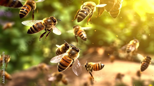 A swarm of bees flying around the hive