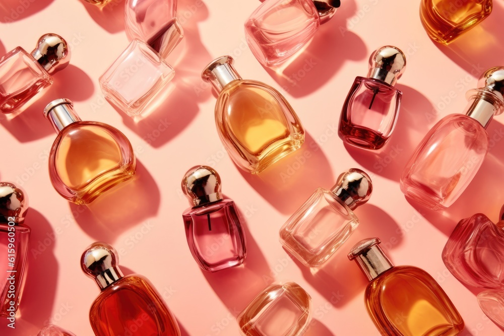 Various luxury perfume bottles on a pink background, top view. ai generative Various luxury perfume bottles on a pink background, top view. ai generative