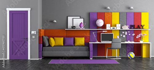 Colorful teen bedroom with fabric bed,desk and closed door - 3d rendering