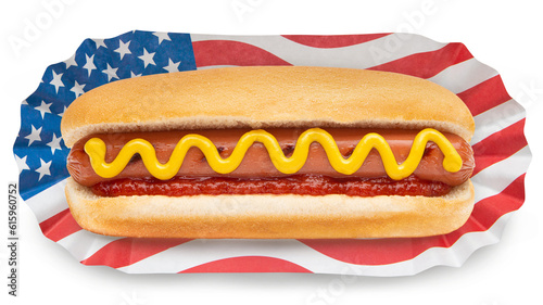 Hot Dog. Hot Dog on American US or USA Flag. Classic Hot Dog bun with pork or beef sausage, wiener or frankfurter and mustard, ketchup. Patriotic fast food on July 4th Independence Day United States