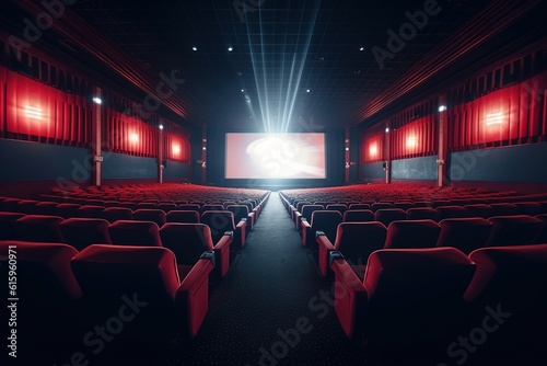 Panoramic view of empty cinema with red seats