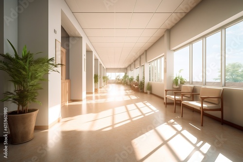 Empty corridor of rehabilitation center on a sunny morning