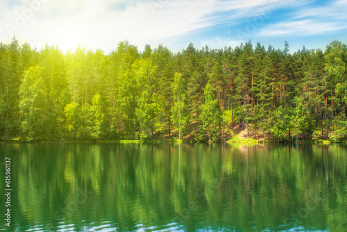 Forest lake with reflections of green trees