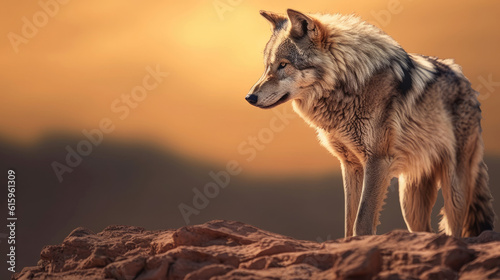 A huge wolf standing on a rocky mountain at sunset © didiksaputra