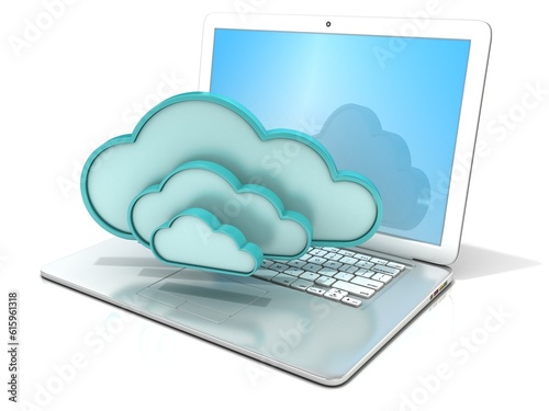 Laptop with clouds 3D computer icon. 3D rendering - concept of cloud computing. Isolated on white background