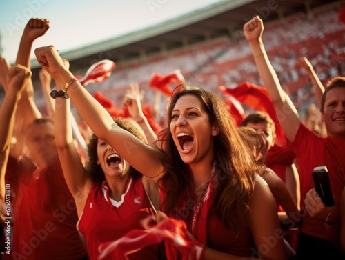 a football fan crowd cheering and supporting their favourite soccer national team on the stadium. women's world cup 2023. Generative AI