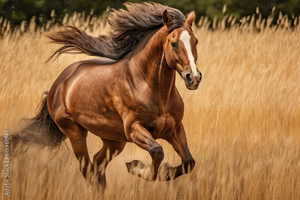 a brown horse running through tall grass with trees in the background on a sunny day, as seen from behind a brown horse running through tall grass with trees in the background on a sunny day, as seen from behind