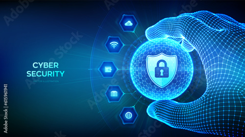 Cyber security technology concept in the shape of sphere with hexagon pattern in wireframe hand. Information protect and safe. Cyber data security or network security idea. Vector illustration.