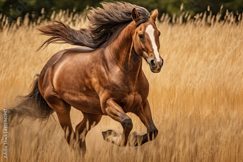 a brown horse running through tall grass with trees in the background on a sunny day  as seen from behind